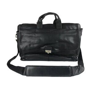 Kenneth Cole Unisex Black Leather Inner Pockets Detachable Straps Messenger‎ Bag
